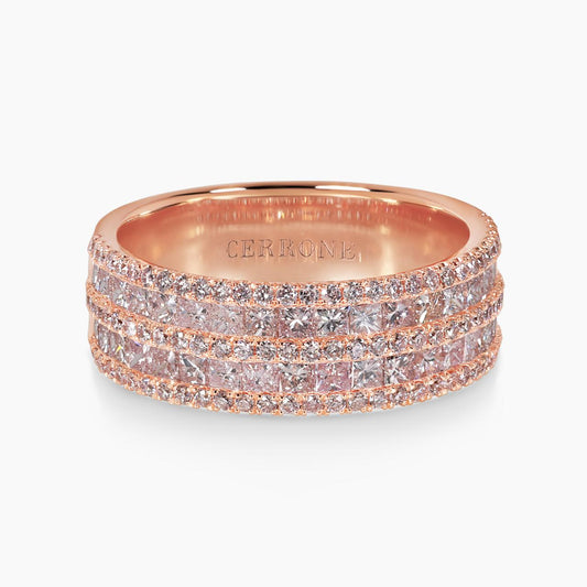 18ct rose gold princess and round brilliant cut fancy pink diamond dress ring