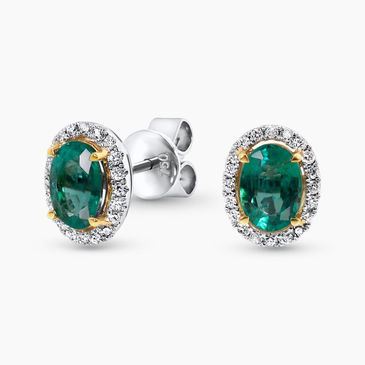 18ct white & yellow gold oval emerald & diamond halo stud earrings