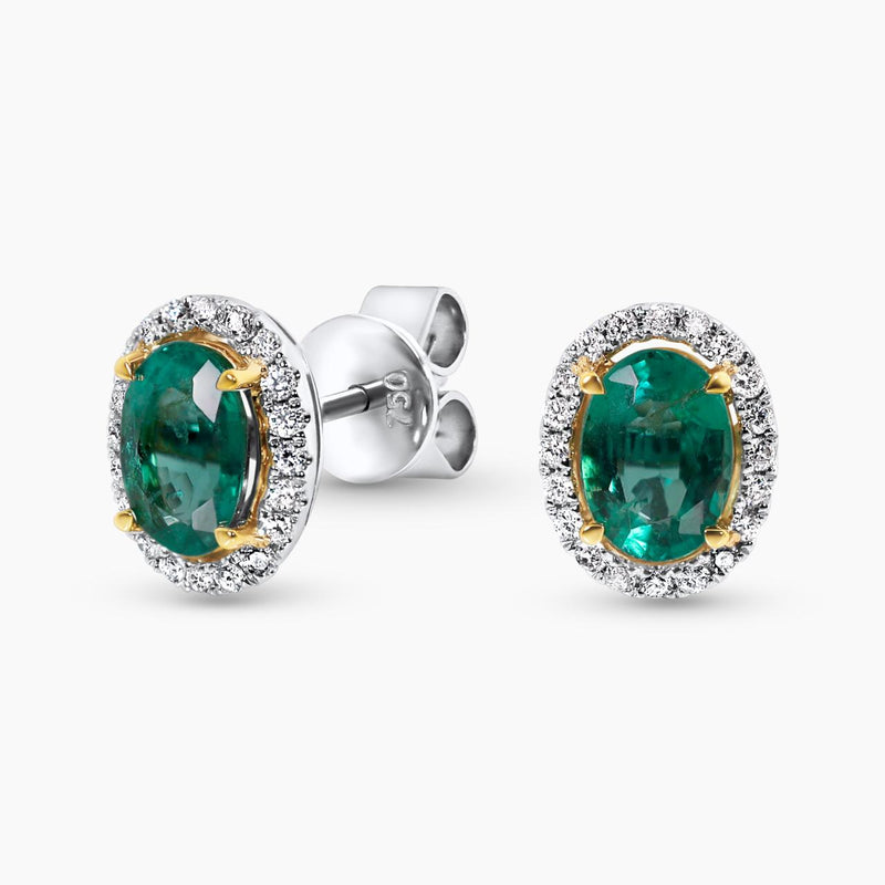 18ct white & yellow gold oval emerald & diamond halo stud earrings