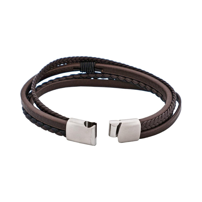 Dark Brown Multi Strand Leather/Stainless Steel Men's Bracelet 21cm