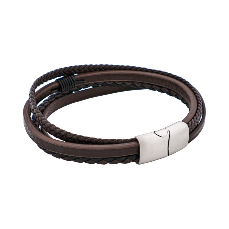 Dark Brown Multi Strand Leather/Stainless Steel Men's Bracelet 21cm