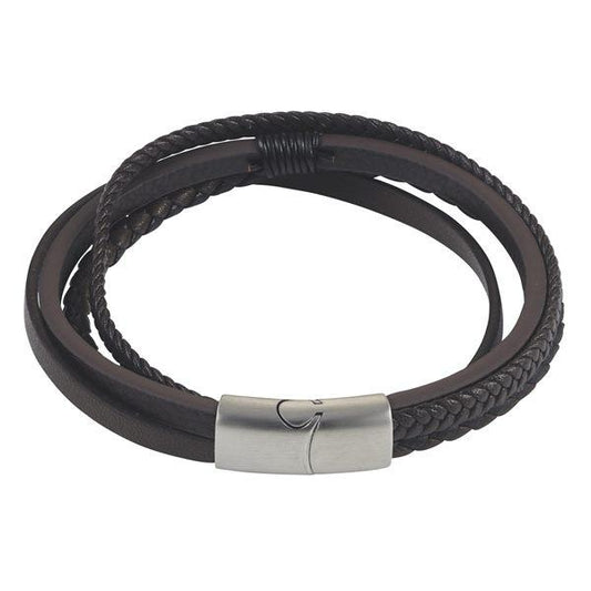 Dark Brown Multi Strand Leather/Stainless Steel Men's Bracelet 21cm