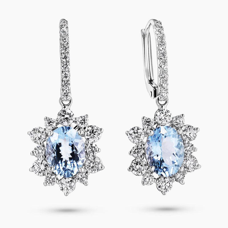 18ct white gold oval aquamarines and diamond drop earrings