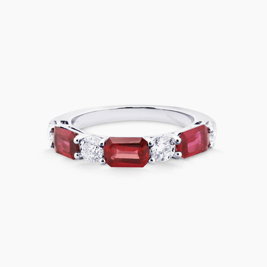 18ct white gold emerald cut ruby and round brilliant cut diamond ring