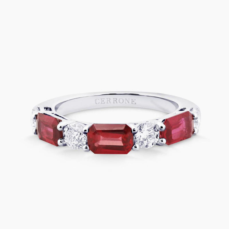 18ct white gold emerald cut ruby and round brilliant cut diamond ring