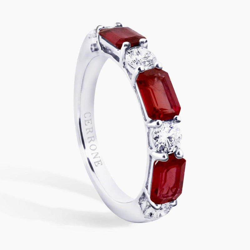 18ct white gold emerald cut ruby and round brilliant cut diamond ring side view
