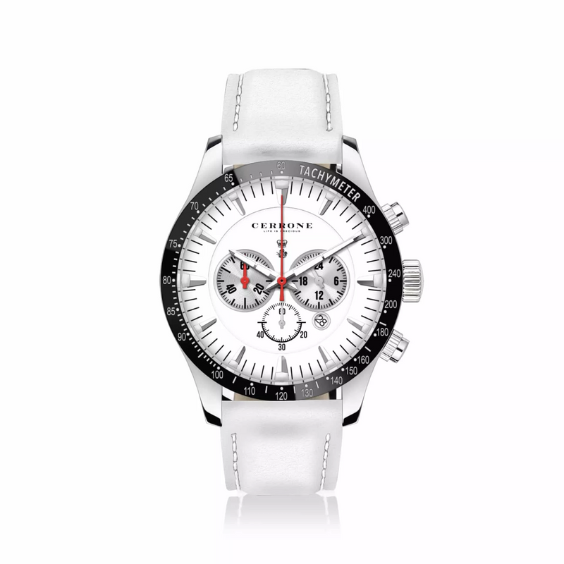 A Cerrone chronograph watch with a white leather band and a white dial, featuring a black bezel and red accents.