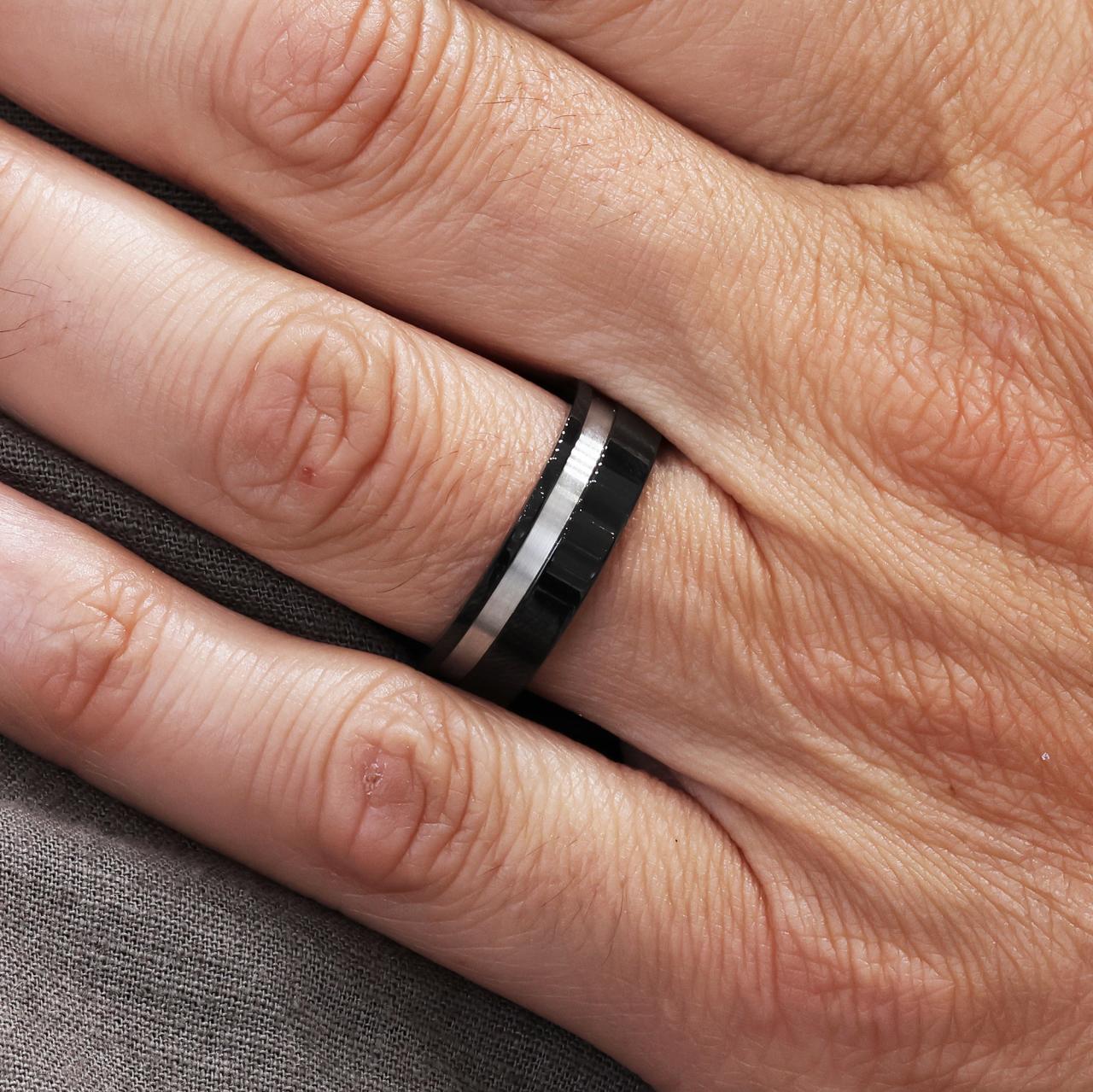 Polished ion plated black and brushed stainless steel men’s ring