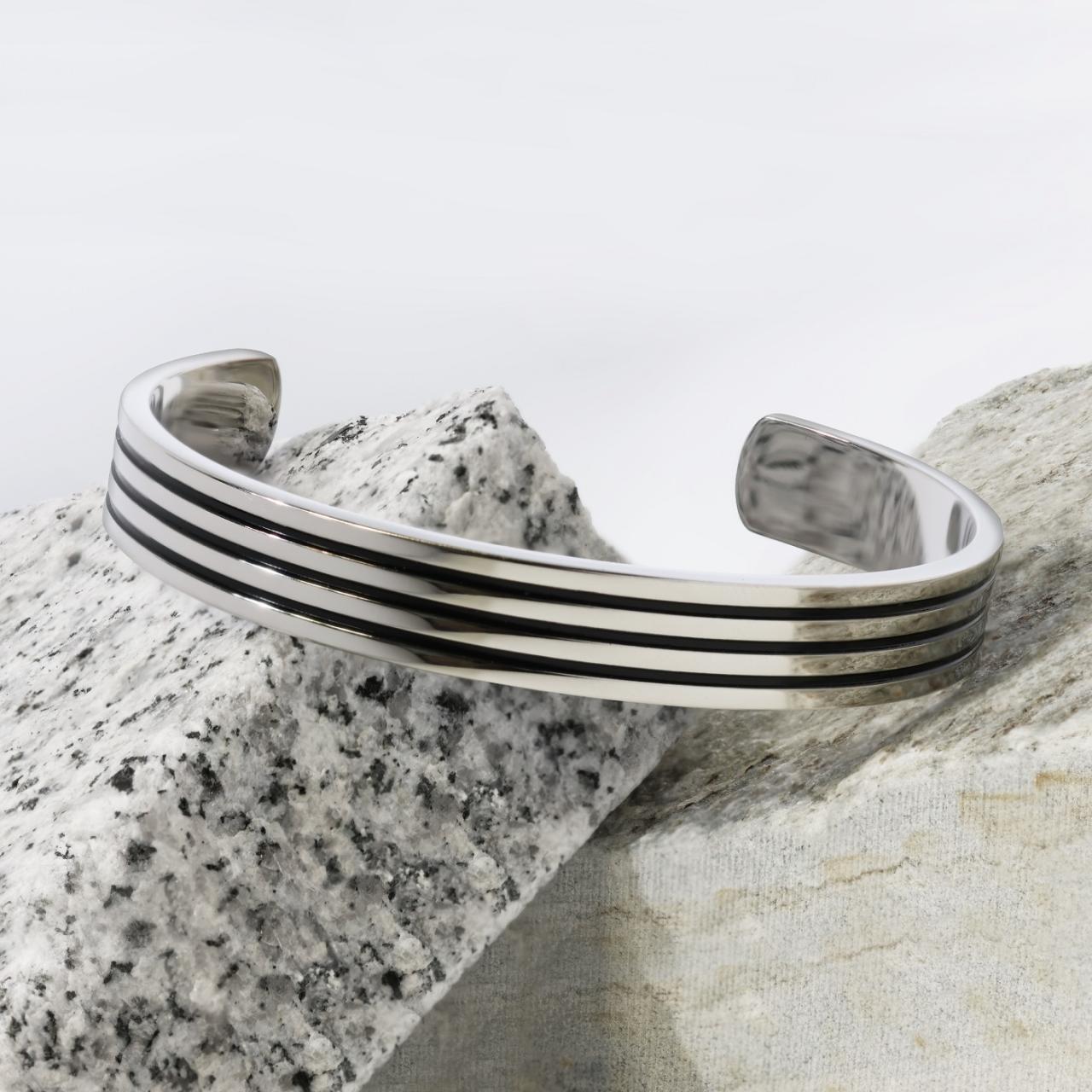 Brushed and Polished Stainless Steel Cuff with Ion Plated Black Stripes