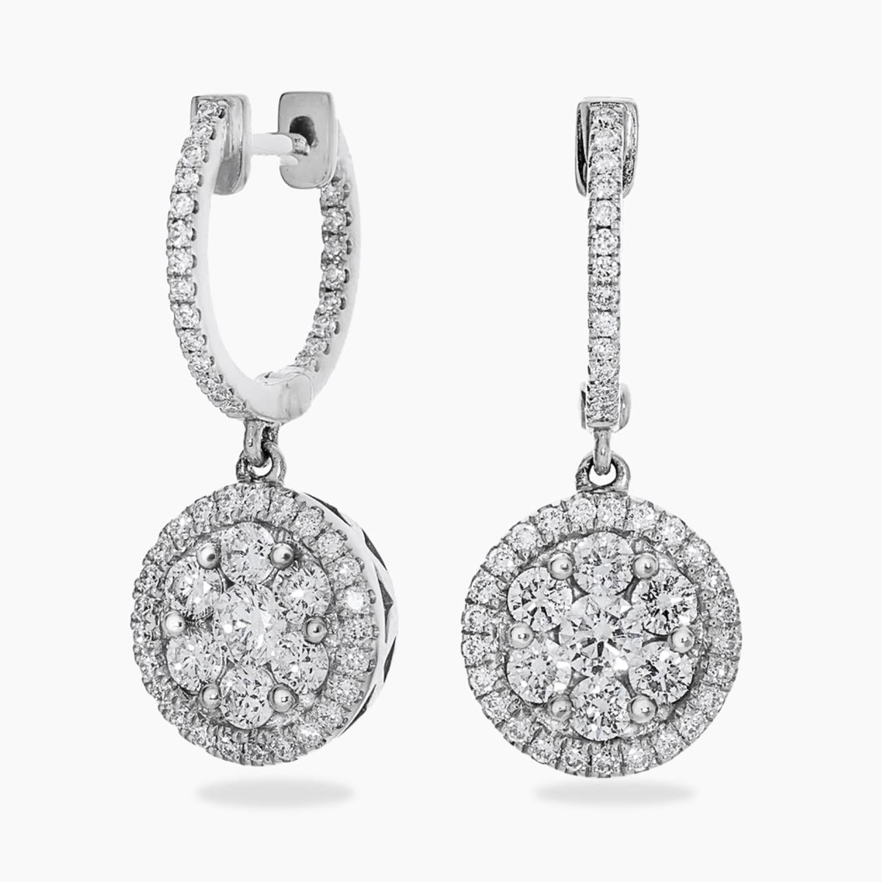 18ct white gold 92=1.25ct round brillant cut diamond cluster drop earrings