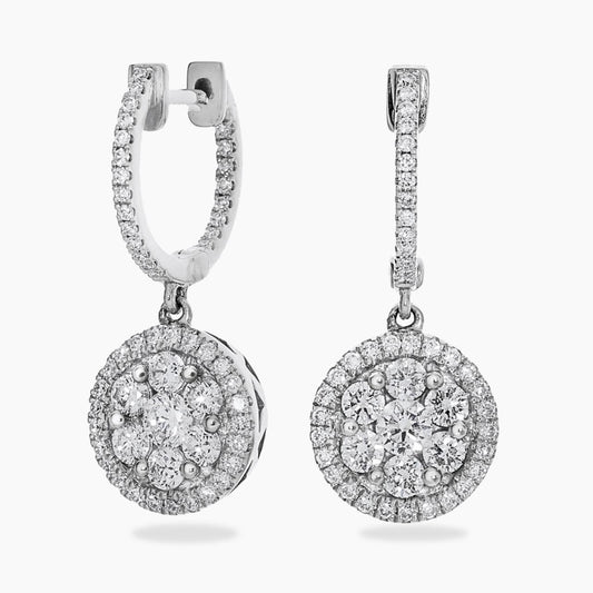 18ct white gold 92=1.25ct round brillant cut diamond cluster drop earrings