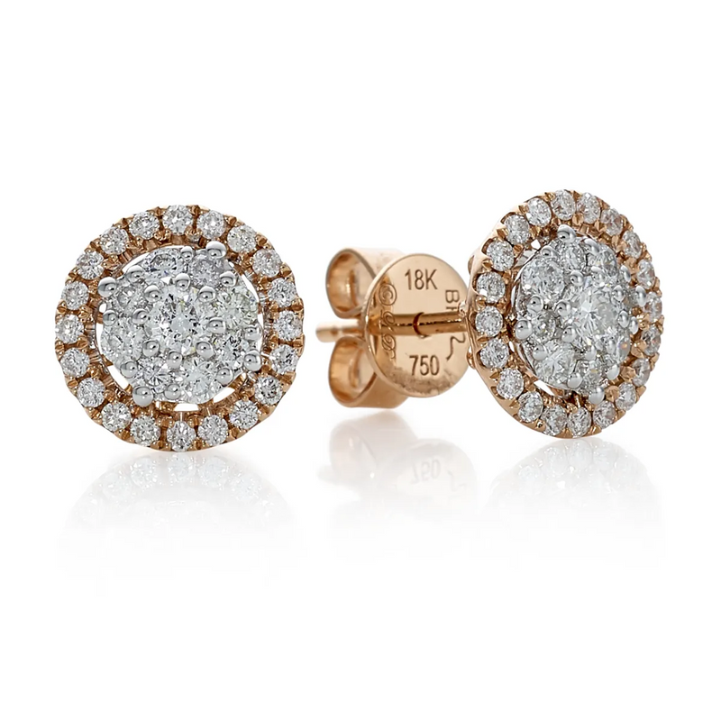 A pair of 18ct rose gold diamond cluster stud earrings with a diamond set halo