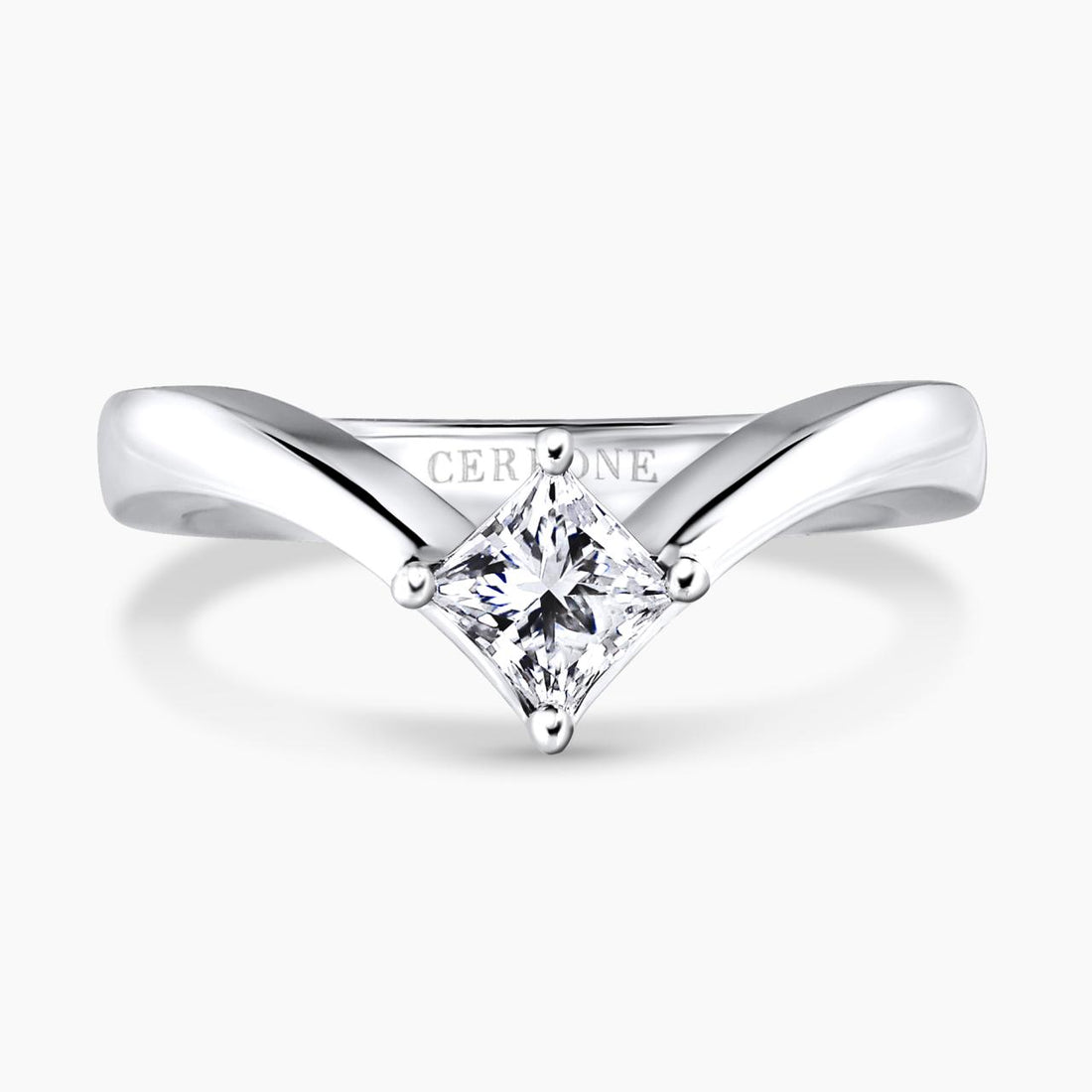18ct white gold Princess cut diamond solitaire engagement ring in a four claw setting