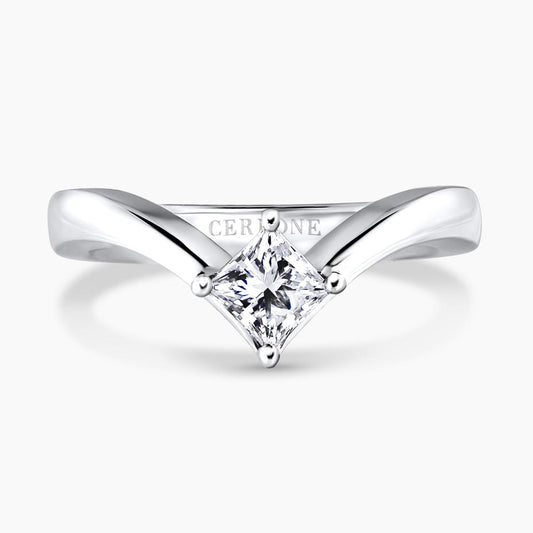 18ct white gold Princess cut diamond solitaire engagement ring in a four claw setting