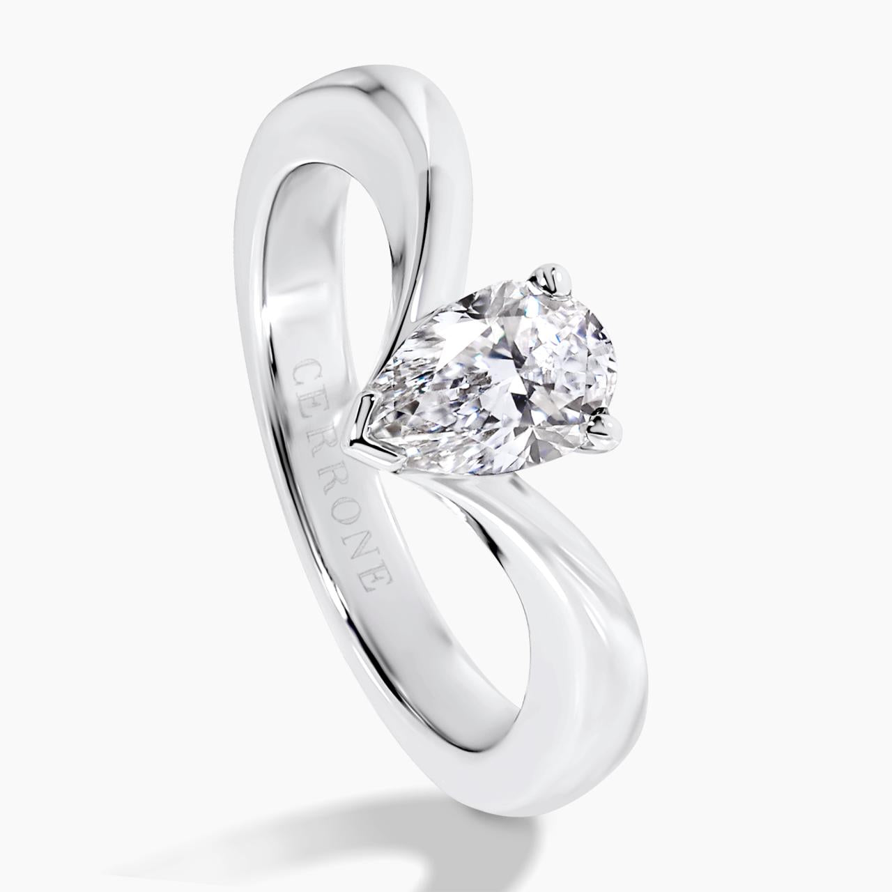18ct white gold pear shaped lab grown diamond engagement ring on the side
