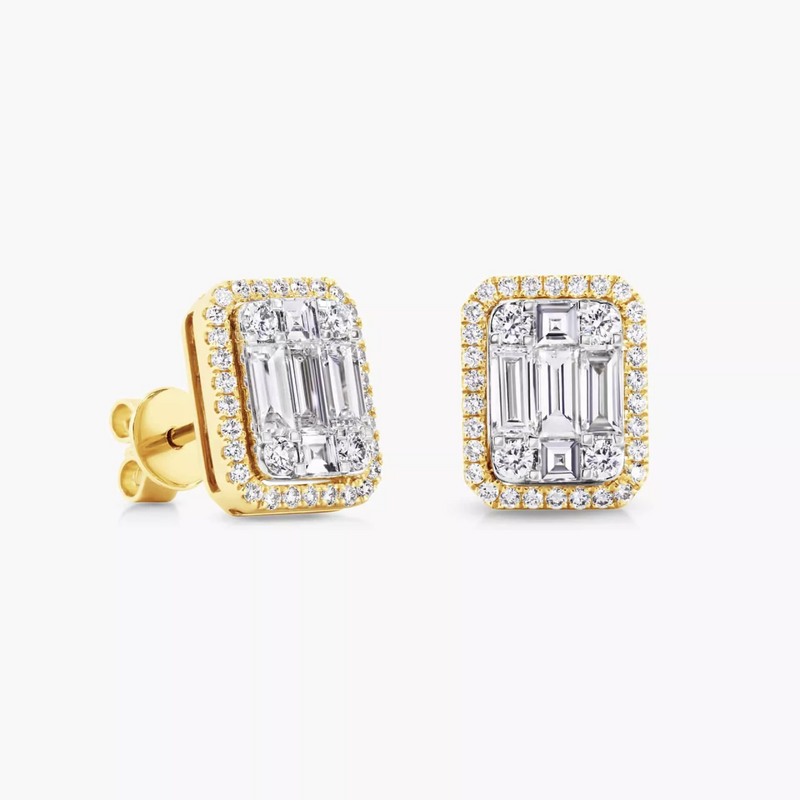 A pair of 18ct yellow gold baguette and round diamond emerald shape stud earrings.