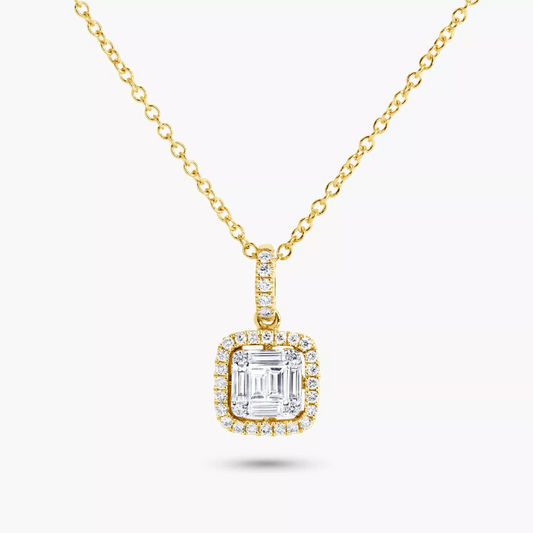 18ct yellow gold baguette and round brilliant cut diamond cluster pendant