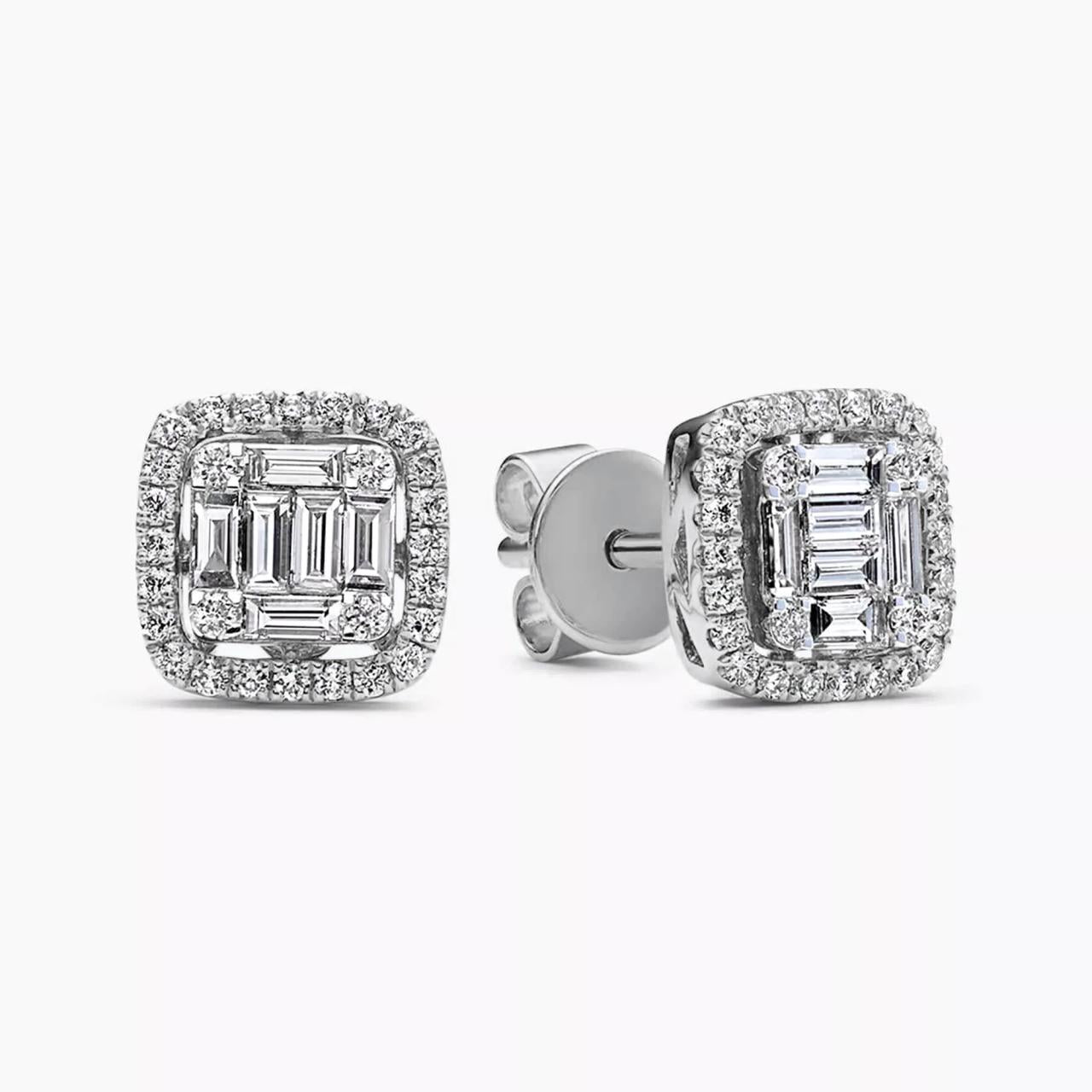 18ct white gold 68=0.49ct baguette & round brilliant cut diamond cluster stud earrings
