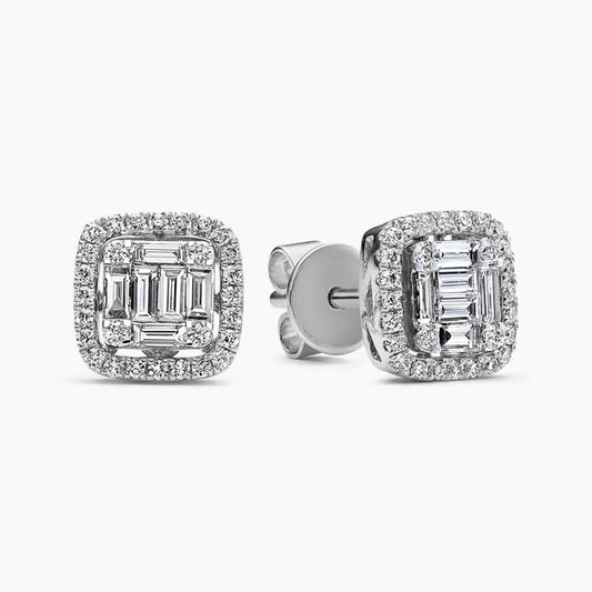 18ct white gold 68=0.49ct baguette & round brilliant cut diamond cluster stud earrings