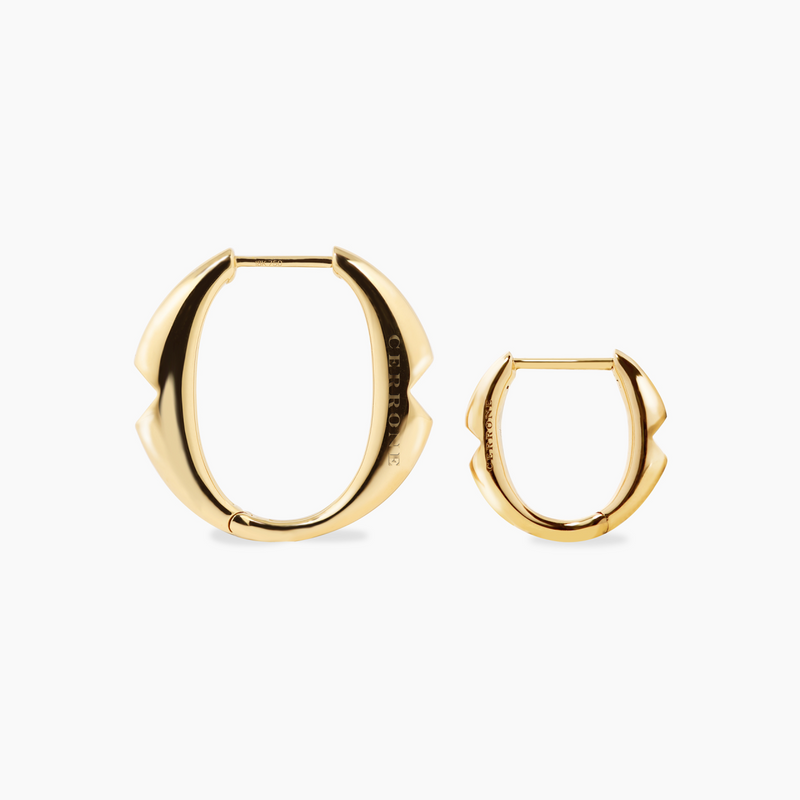 18ct yellow gold large ‘O’ hoop earrings from the Iconica Collection beside small size hoop to compare size