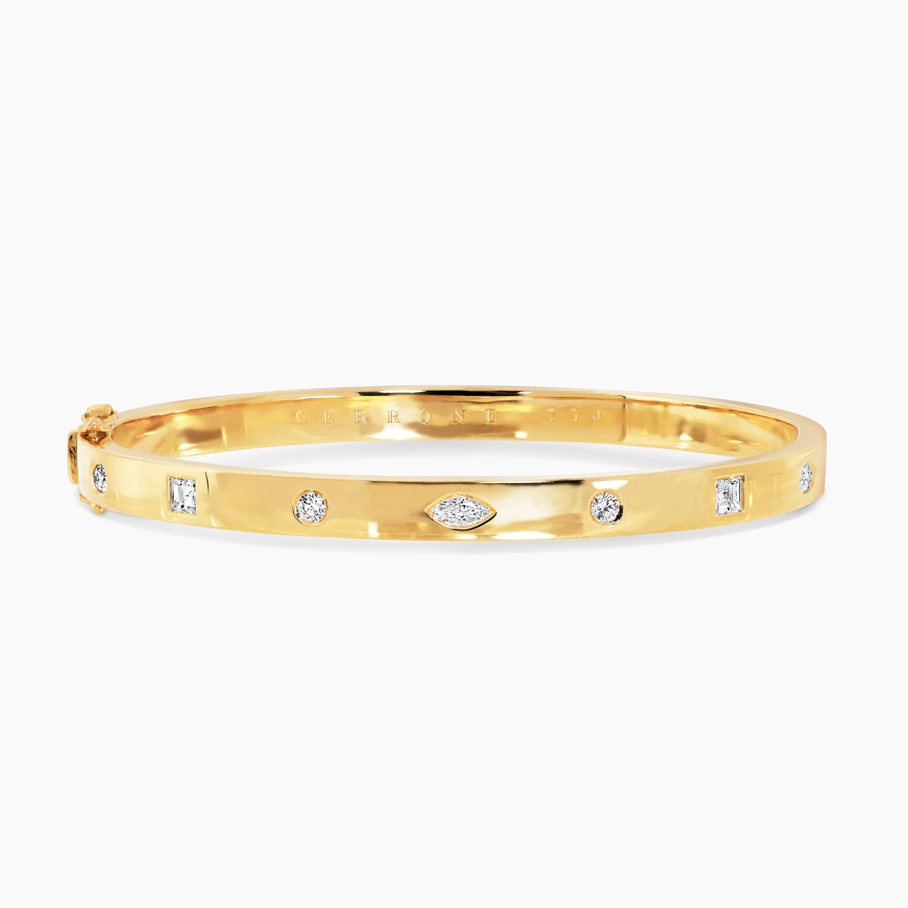 18ct yellow gold marquise, oval, round and carre cut diamonds hinged bangle