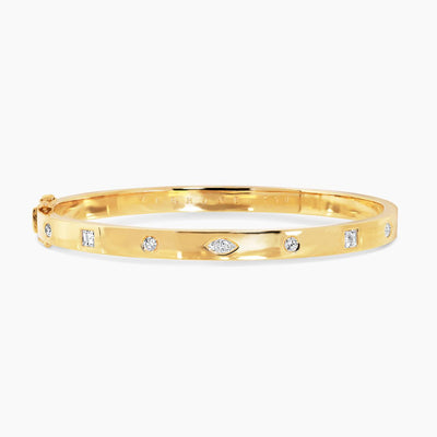 18ct yellow gold marquise, oval, round and carre cut diamonds hinged bangle