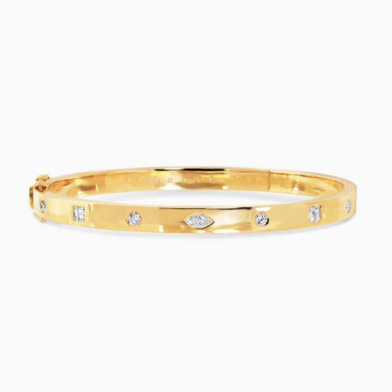 18ct yellow gold marquise, oval, round and carre cut diamonds hinged bangle