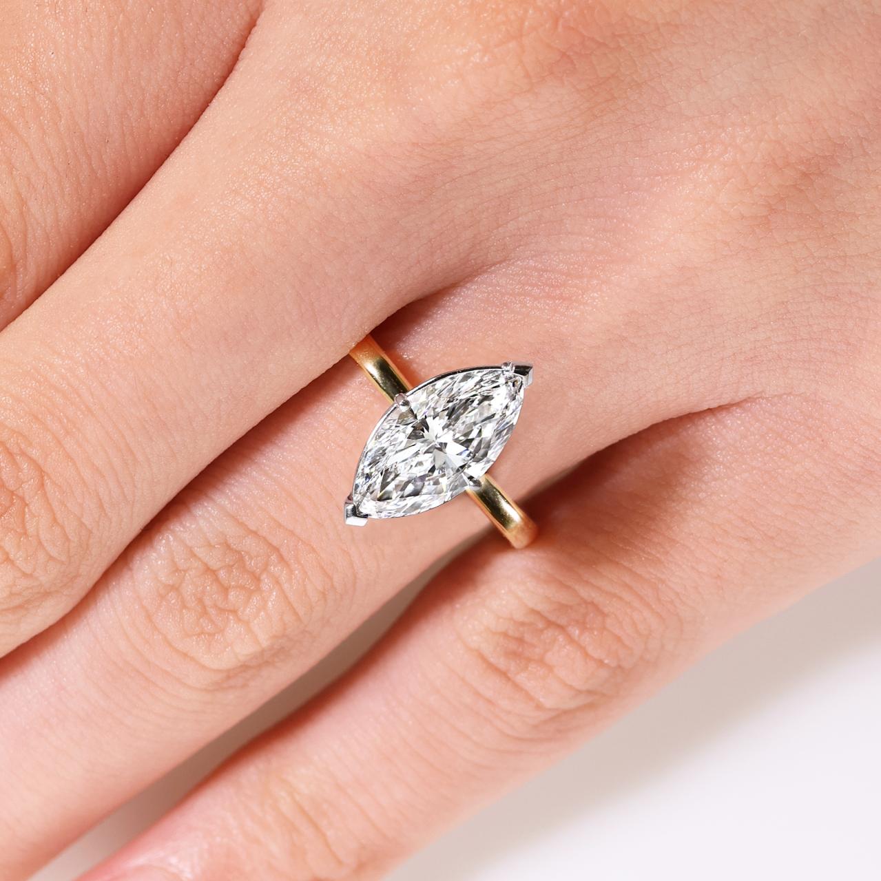 18ct yellow and white gold 2.46ct E VVS1 Marquise LAB Grown Diamond solitaire ring