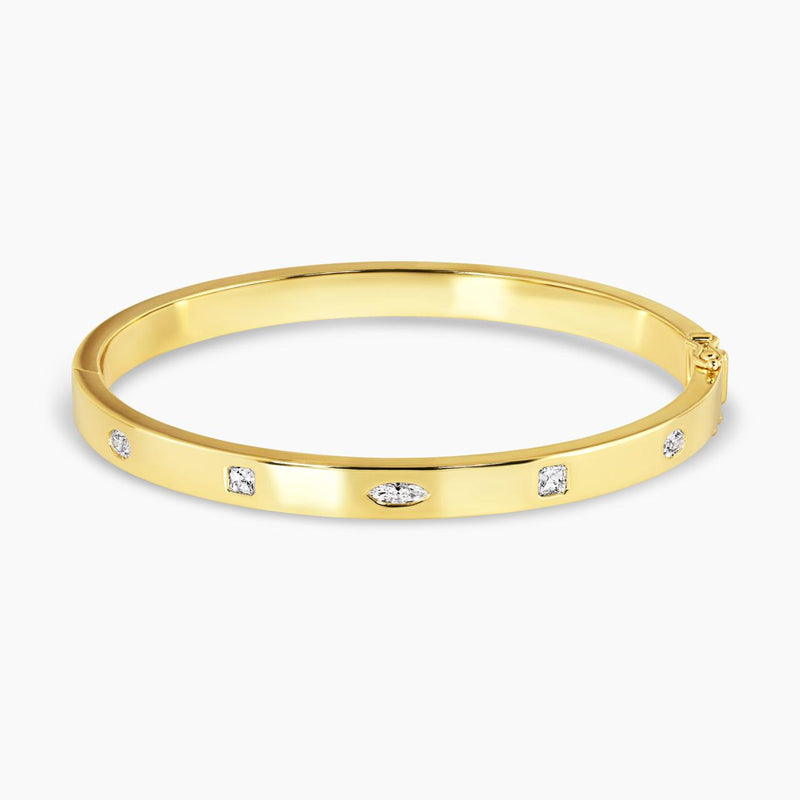 18ct yellow gold marquise, oval and asscher cut diamonds hinged bangle