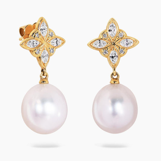 18ct yellow gold 10mm south sea pearl and 16=0.41ct  marquise and round brilliant cut diamond drop earrings