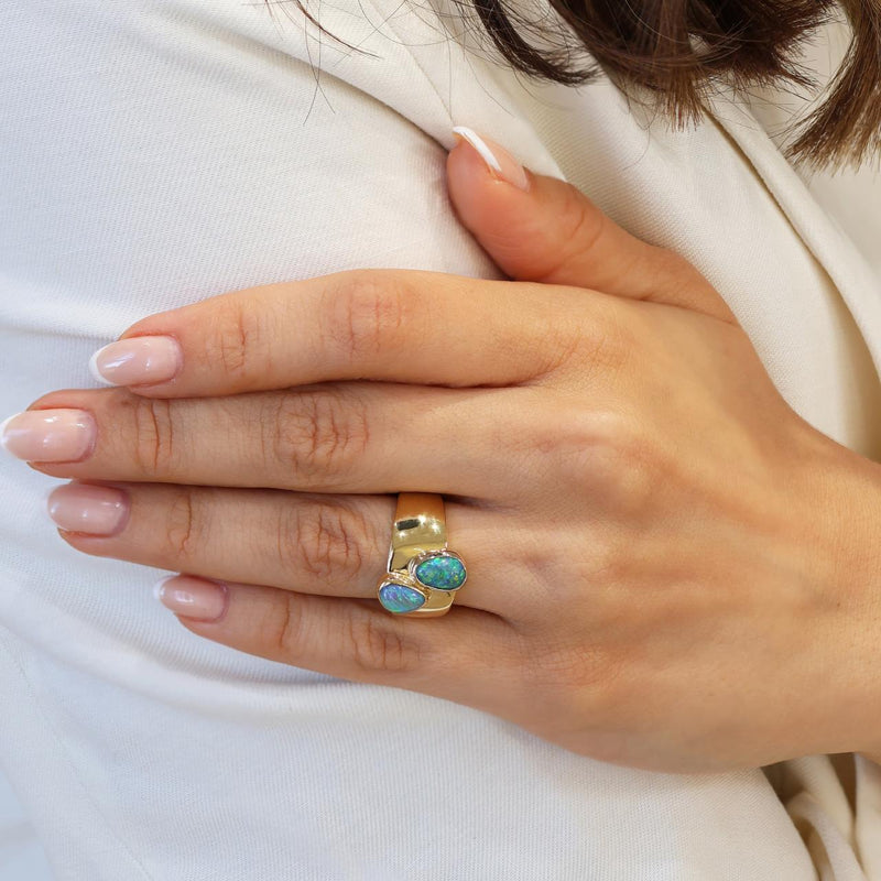 The Golden Horizon Ring – 18ct Yellow Gold Opal Ladies Dress Ring on the finger