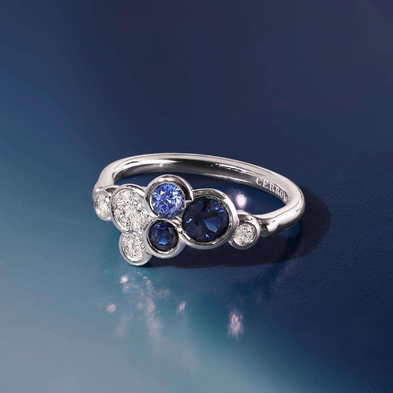 18ct white gold sapphire and diamond bezel ring