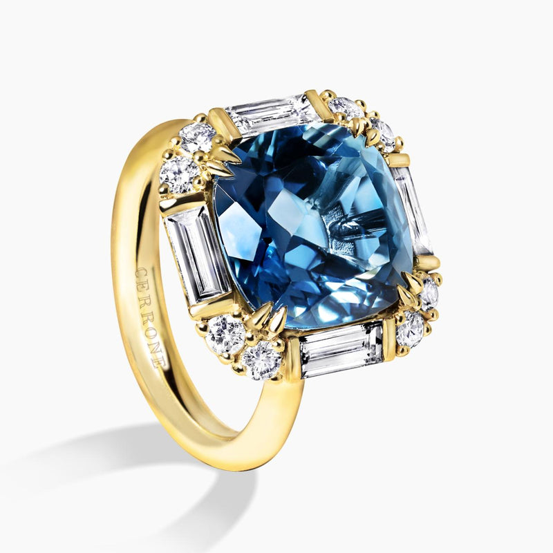 18ct yellow gold London blue topaz round & baguette cut diamonds ring side view