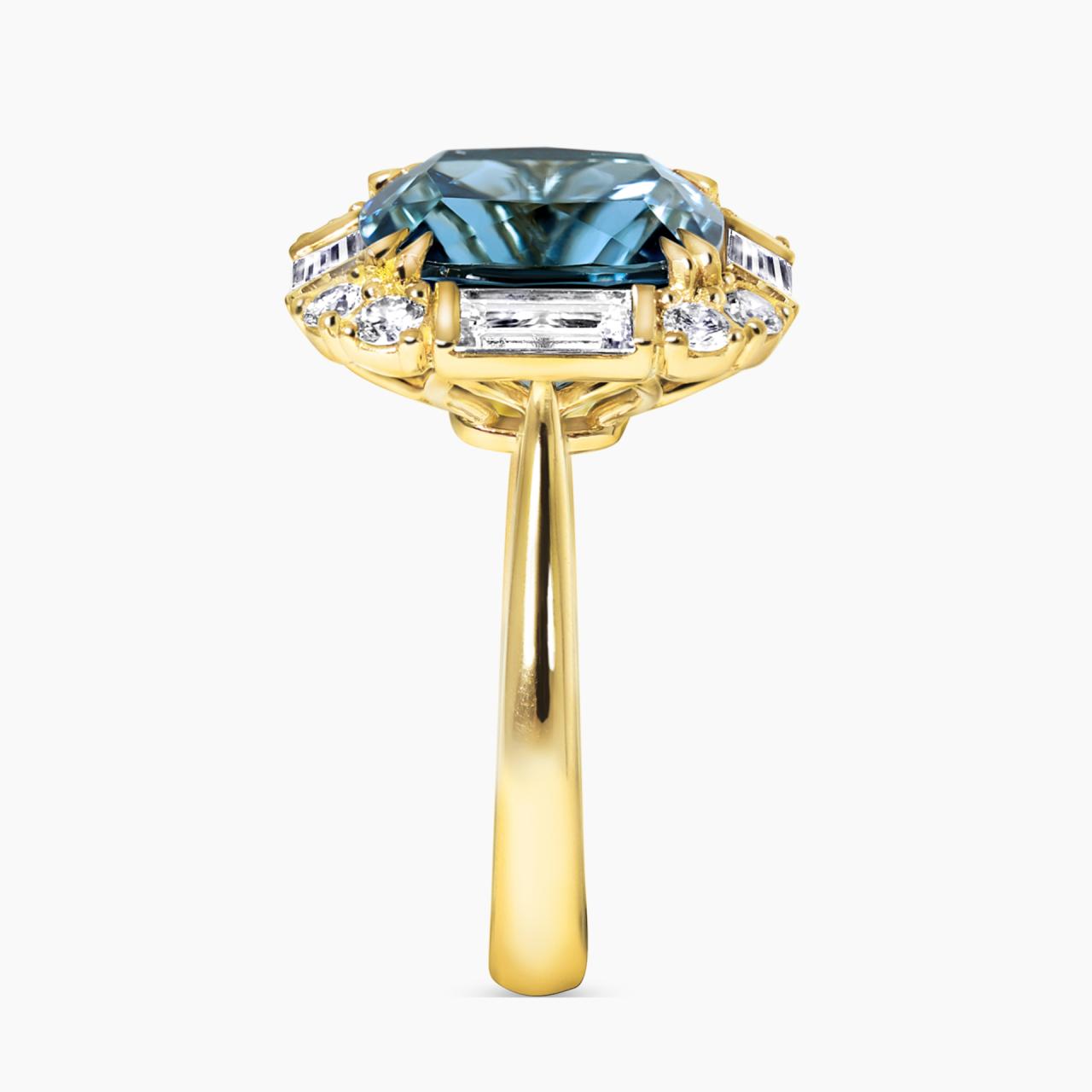 18ct yellow gold London blue topaz round & baguette cut diamonds ring from the Hampton Collection