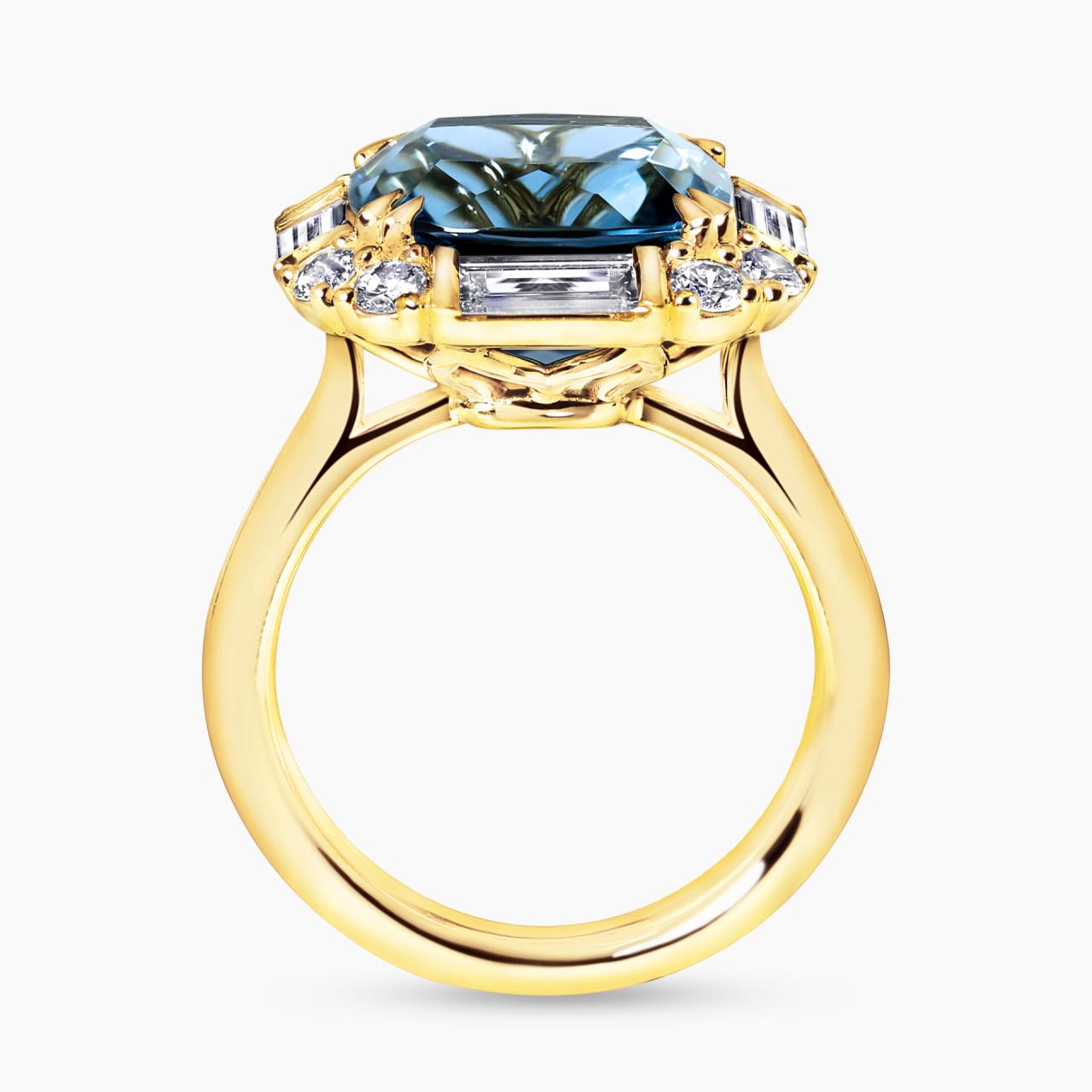 18ct yellow gold London blue topaz round & baguette cut diamonds ring from the Hampton Collection