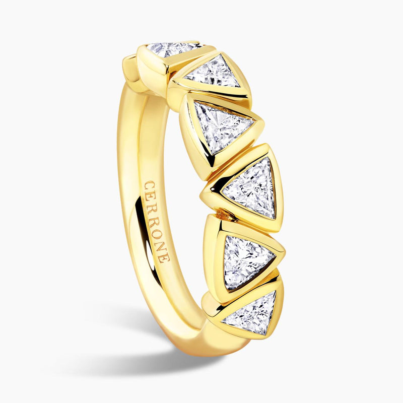 18ct yellow gold trilliant cut diamond bezel set ring side view