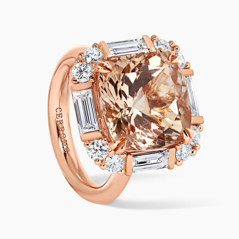18ct rose gold cushion cut morganite and diamond ring from the Hampton Collection side view