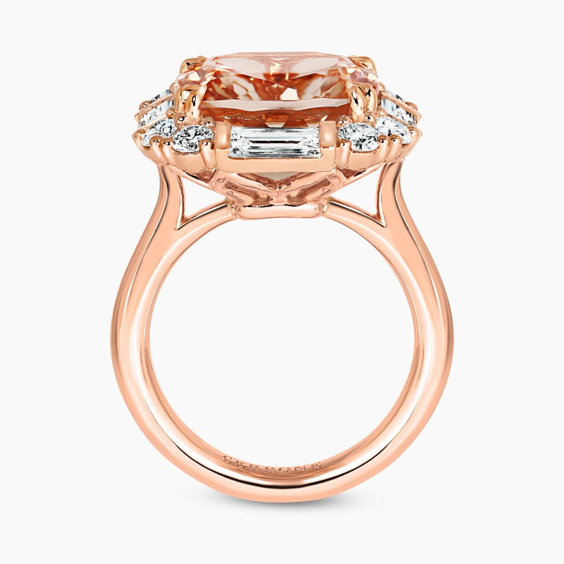 18ct rose gold cushion cut morganite and diamond ring from the Hampton Collection side profile