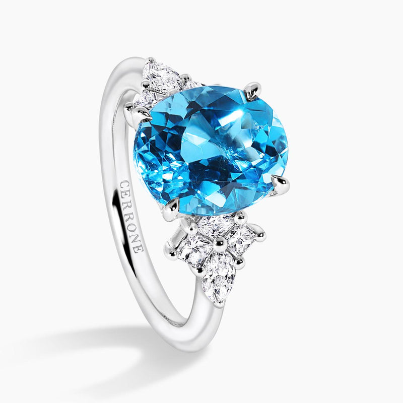 18ct white gold oval Swiss blue topaz and diamond ring side view