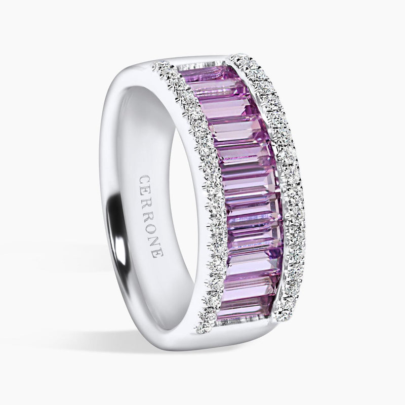 18ct white gold baguette purple sapphire and diamond ring side view