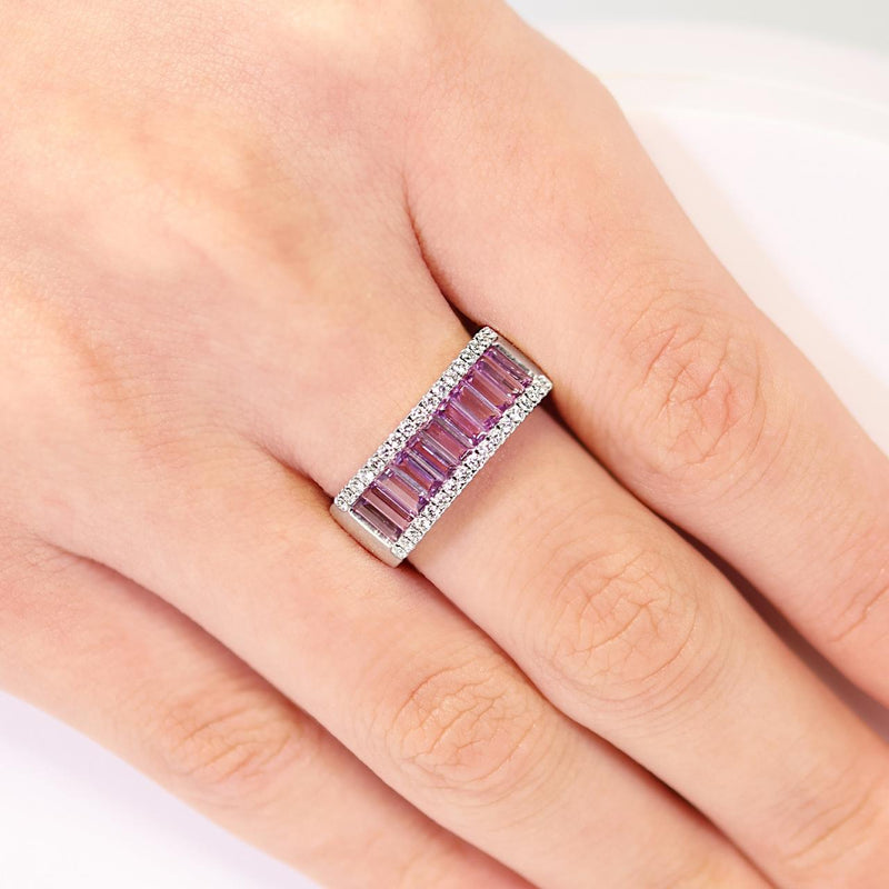 18ct white gold baguette purple sapphire and diamond ring photographed on the finger