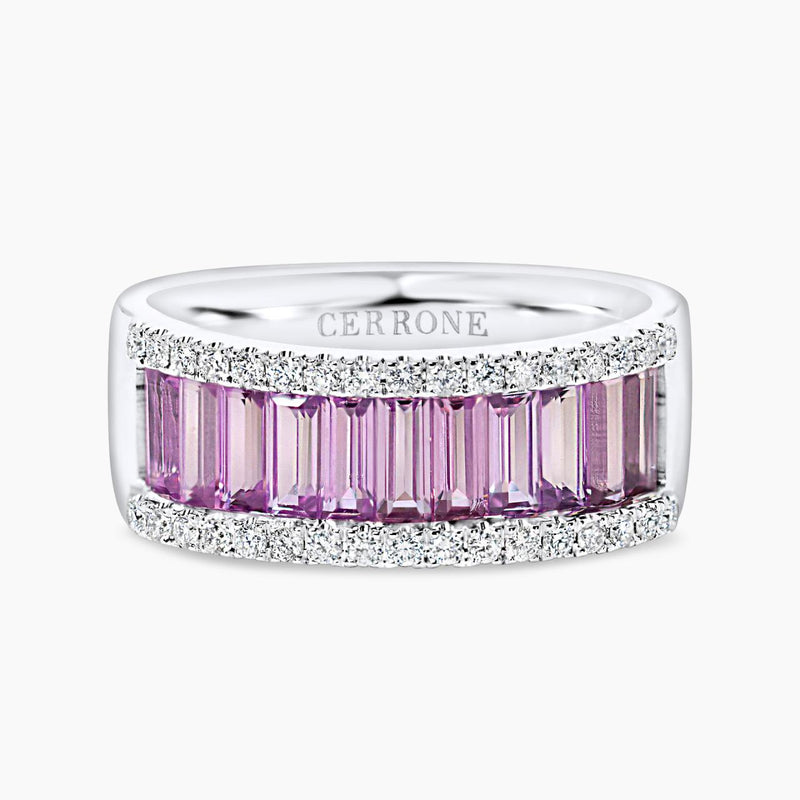 An 18ct white gold baguette purple sapphire and diamond ring with the brand name 'Cerrone' visible on the interior.