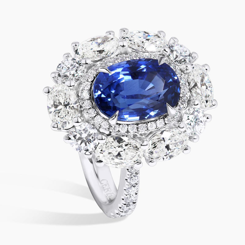 18ct white gold oval Ceylon sapphire and diamond ring side view