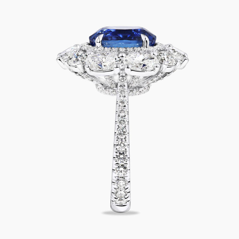 18ct white gold oval Ceylon sapphire and diamond ring side view 