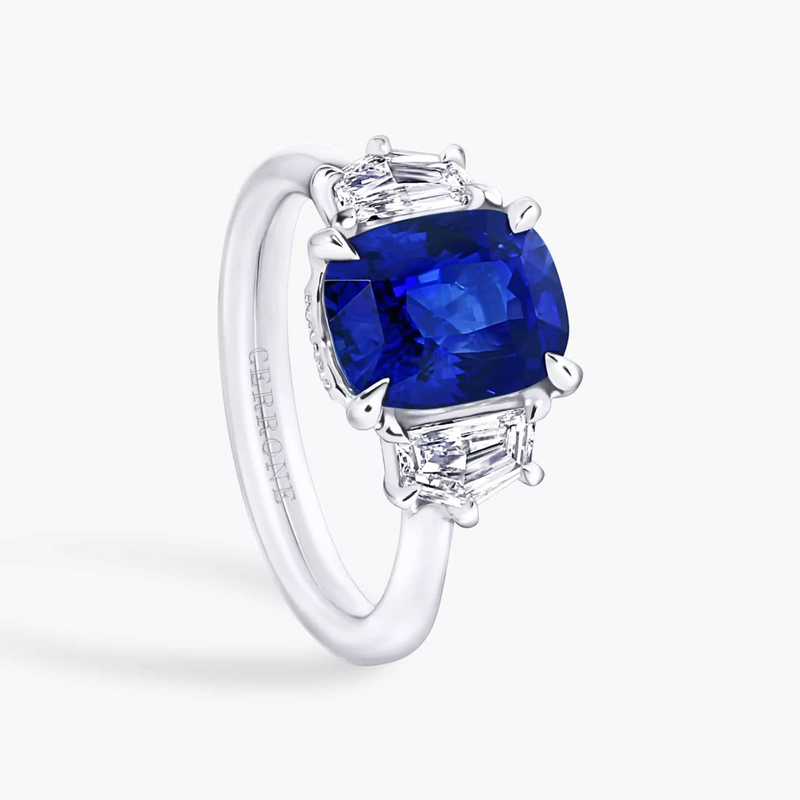 18ct white gold cushion cut Ceylon sapphire and diamond ring side view