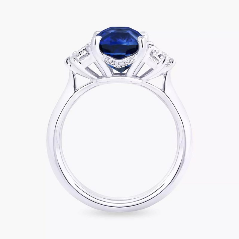 18ct white gold cushion cut Ceylon sapphire and diamond ring side profile