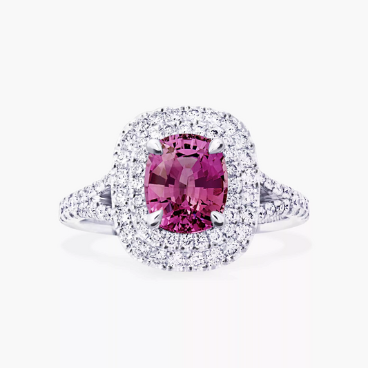 18ct white gold 2.02ct cushion cut pink sapphire and diamond double halo ring