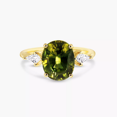 18ct yellow gold oval green and blue Australian parti sapphire and diamond ring