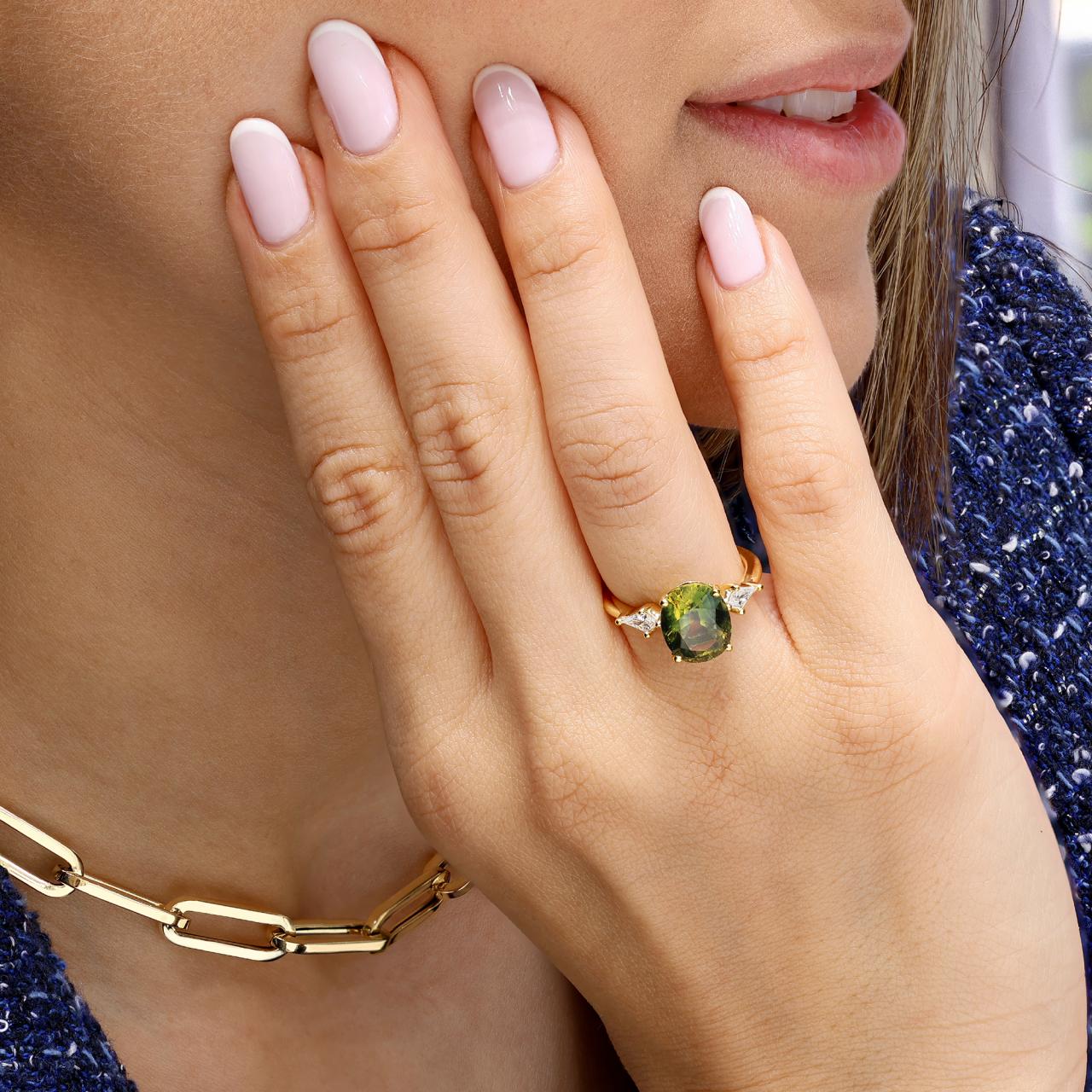 18ct yellow gold oval green and blue Australian parti sapphire and diamond ring
