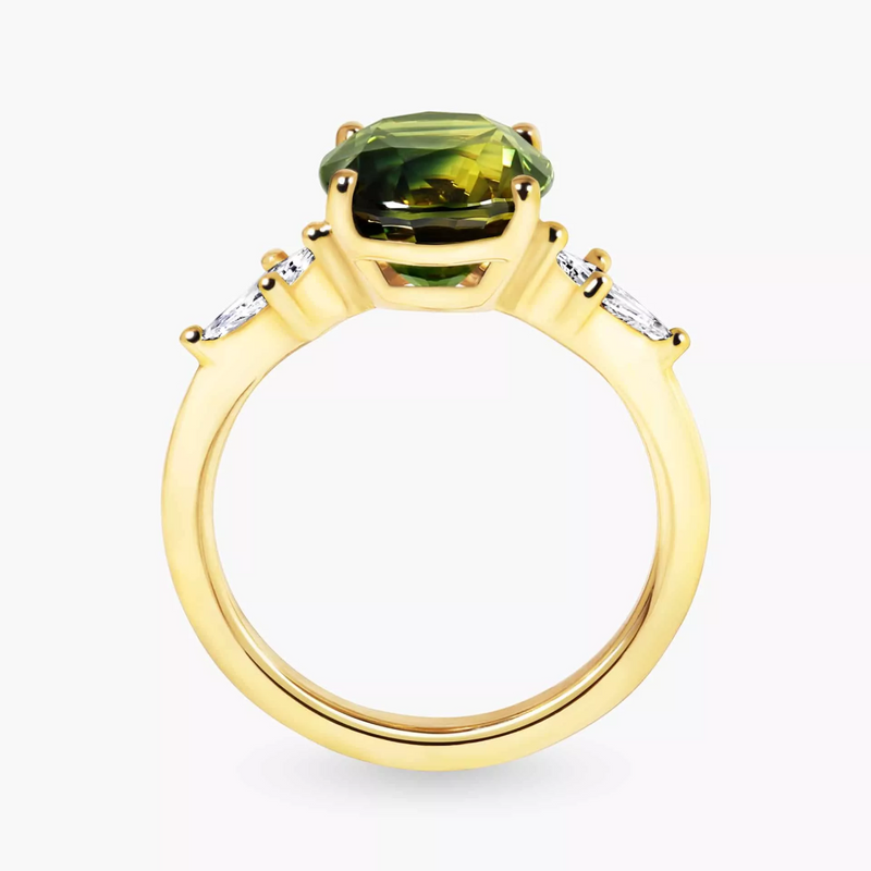 18ct yellow gold oval green and blue Australian parti sapphire and diamond ring side profile